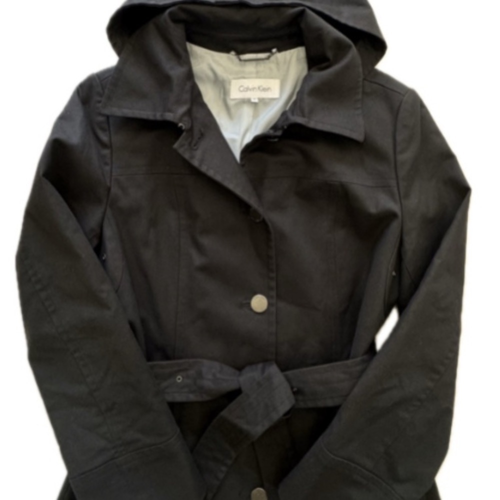 Calvin Klein Women’s M Black Hooded Belted Cotton Blend Trench Coat - Picture 4 of 7
